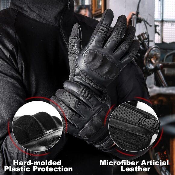 Men Black Touch Screen Full Finger Motorcycles Genuine Protective Leather Gloves - Picture 4 of 6